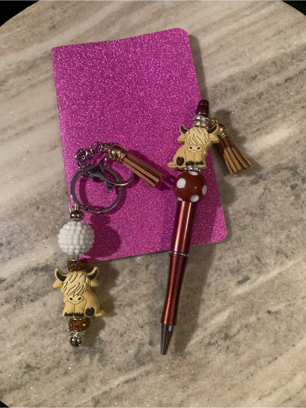 Highland Cow Pen & Keychain Set - Blue, Brown Accents